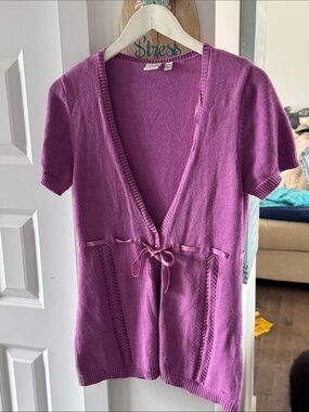 Esprit Magenta Knit Short-Sleeve Cardigan with Tie Front